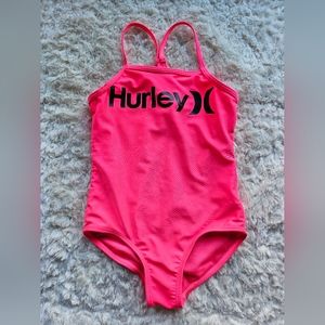 Hurley One Piece Girls' Hot Pink Swimsuit, Size 5, Black Logo